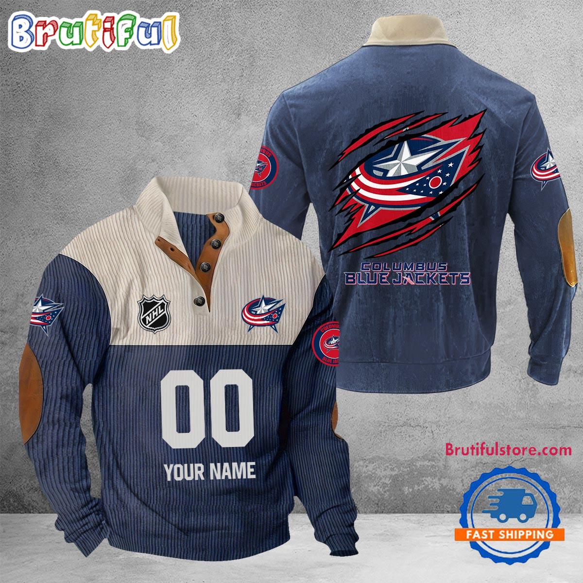 NHL Columbus Blue Jackets Hockey Team Custom Name And Number Buttoned Collar Sweatshirt