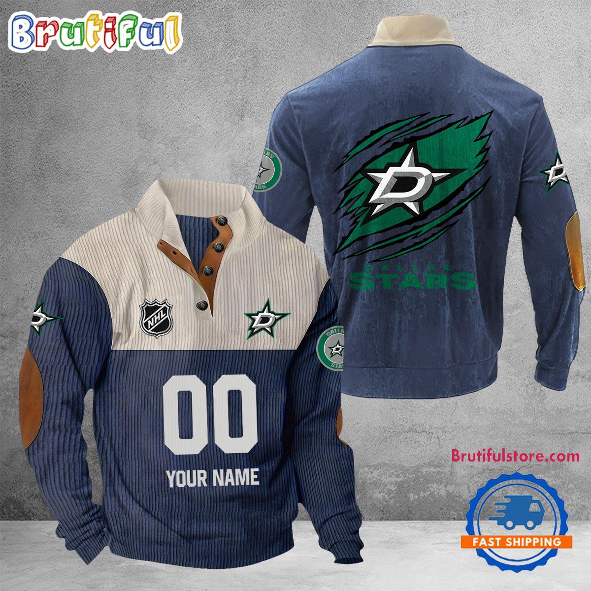 NHL Dallas Stars Hockey Team Custom Name And Number Buttoned Collar Sweatshirt