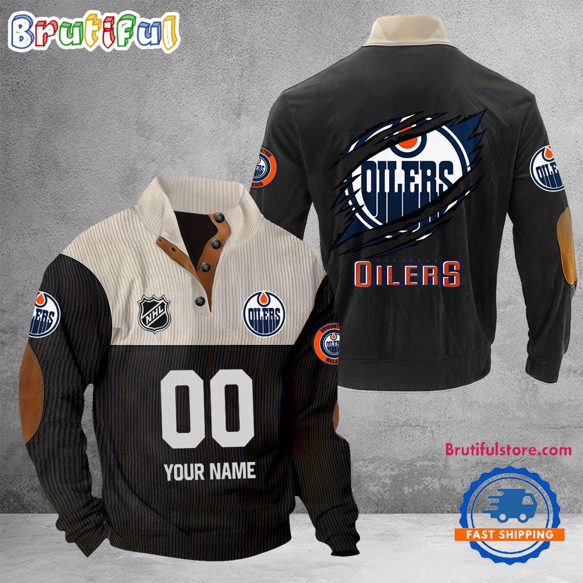NHL Edmonton Oilers Hockey Team Custom Name And Number Buttoned Collar Sweatshirt