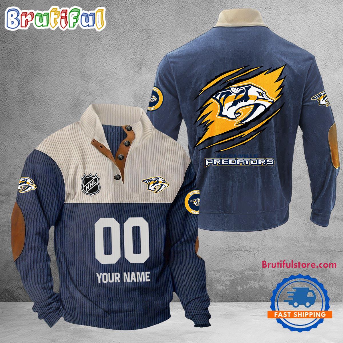 NHL Nashville Predators Hockey Team Custom Name And Number Buttoned Collar Sweatshirt