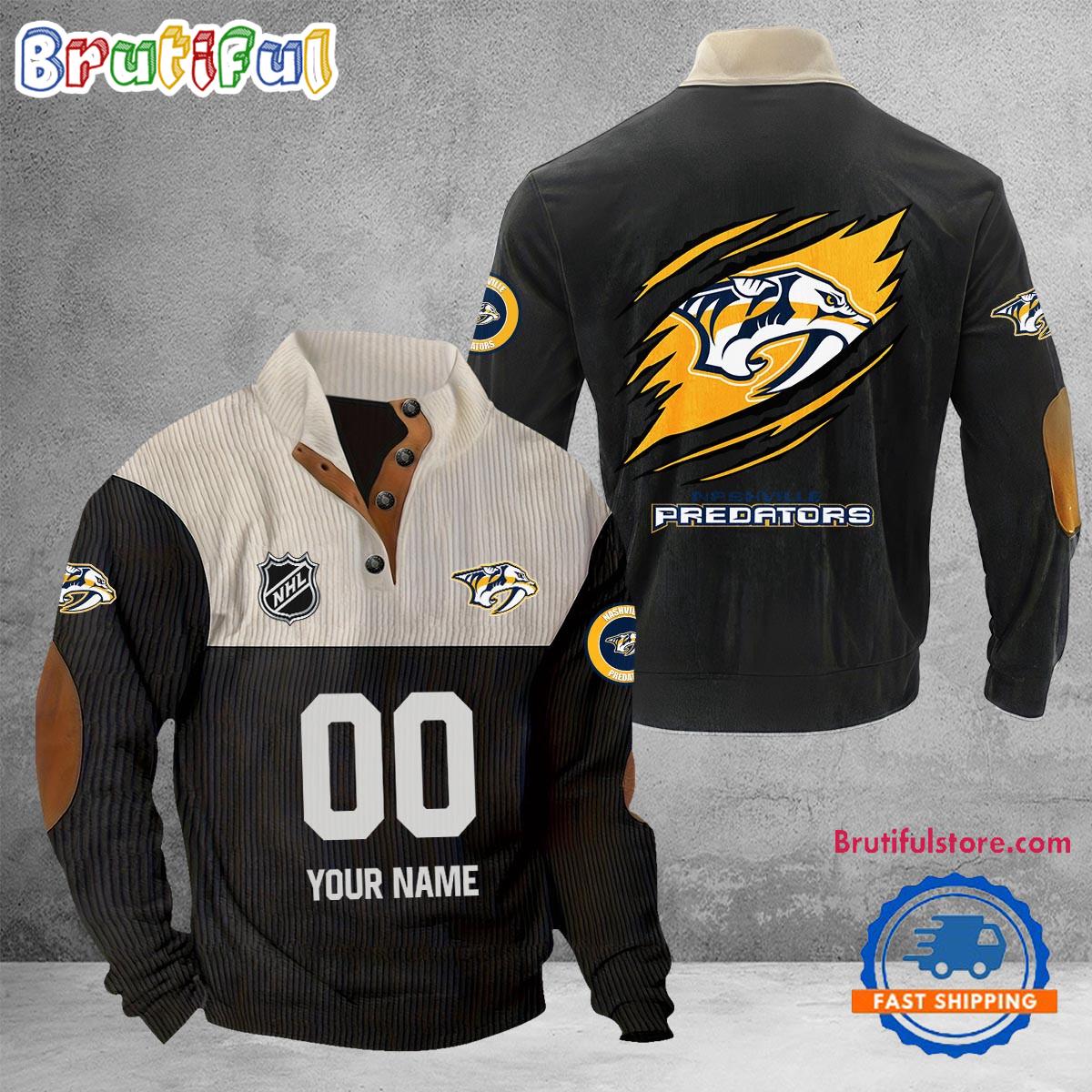 NHL Nashville Predators Hockey Team Custom Name And Number Buttoned Collar Sweatshirt