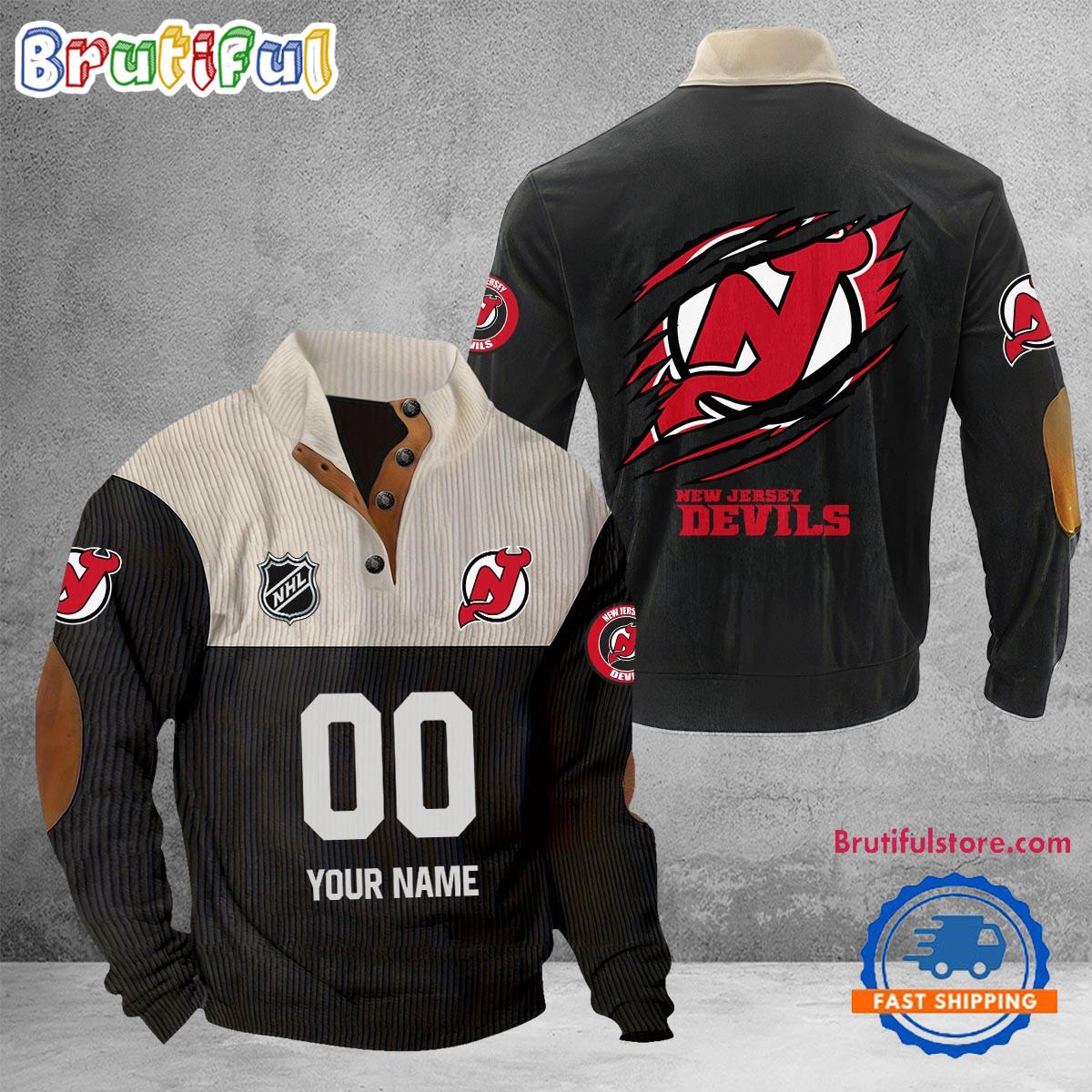 NHL New Jersey Devils Hockey Team Custom Name And Number Buttoned Collar Sweatshirt