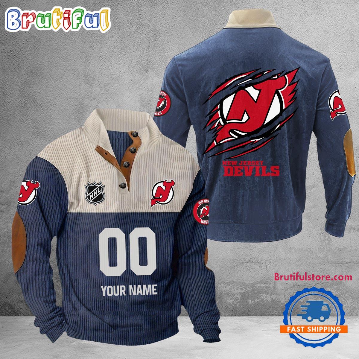 NHL New Jersey Devils Hockey Team Custom Name And Number Buttoned Collar Sweatshirt