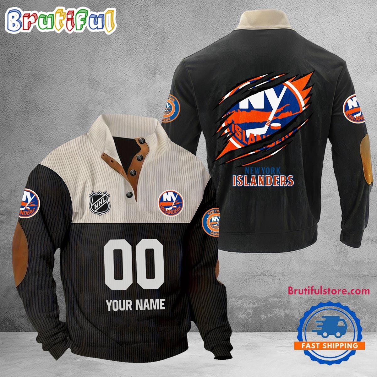 NHL New York Islanders Hockey Team Custom Name And Number Buttoned Collar Sweatshirt