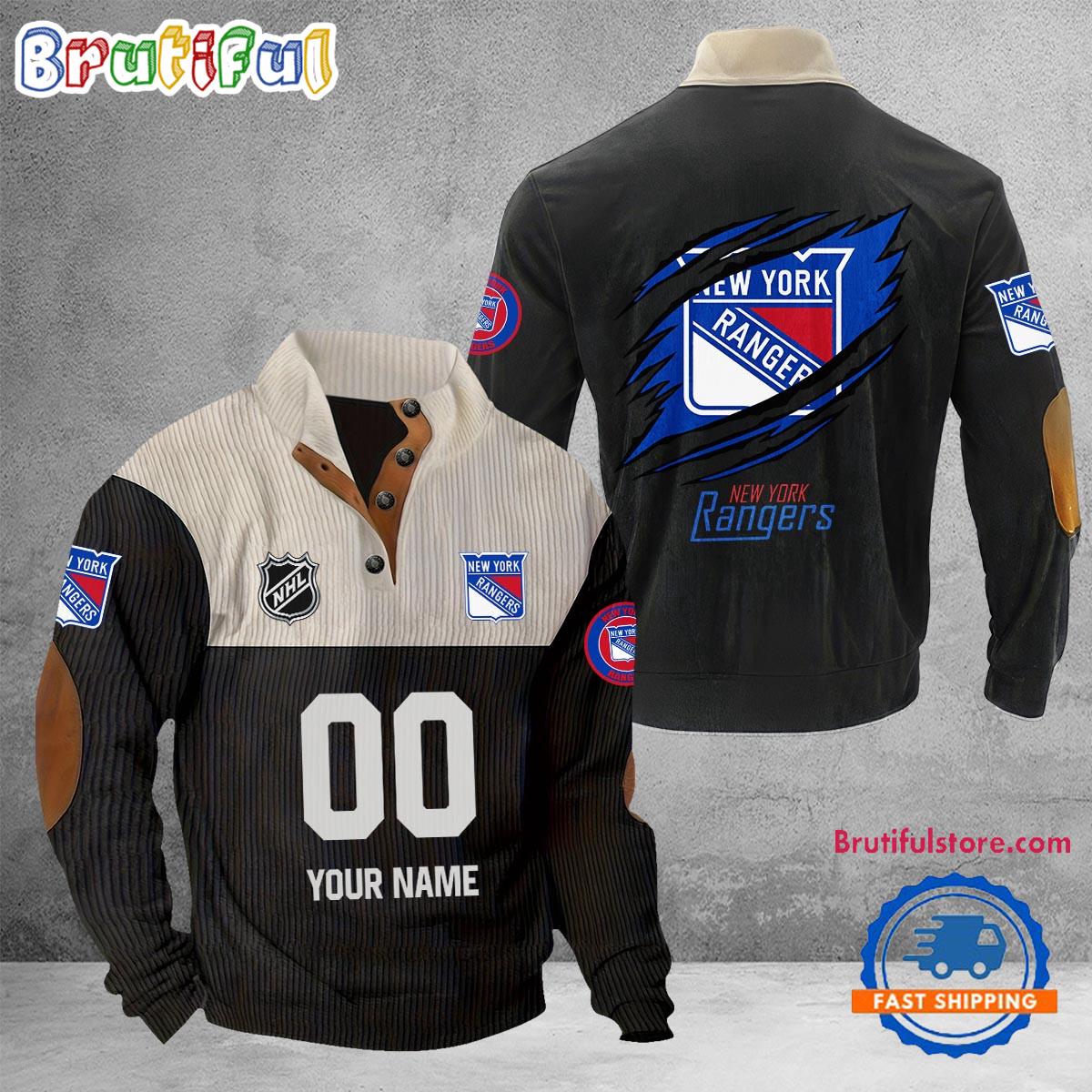NHL New York Rangers Hockey Team Custom Name And Number Buttoned Collar Sweatshirt