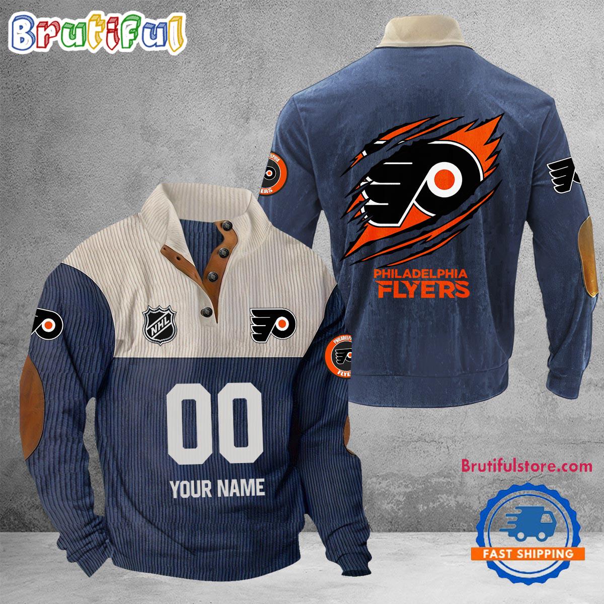 NHL Philadelphia Flyers Hockey Team Custom Name And Number Buttoned Collar Sweatshirt