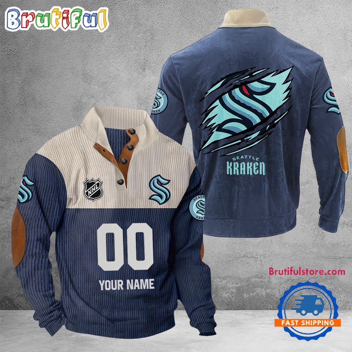 NHL Seattle Kraken Hockey Team Custom Name And Number Buttoned Collar Sweatshirt