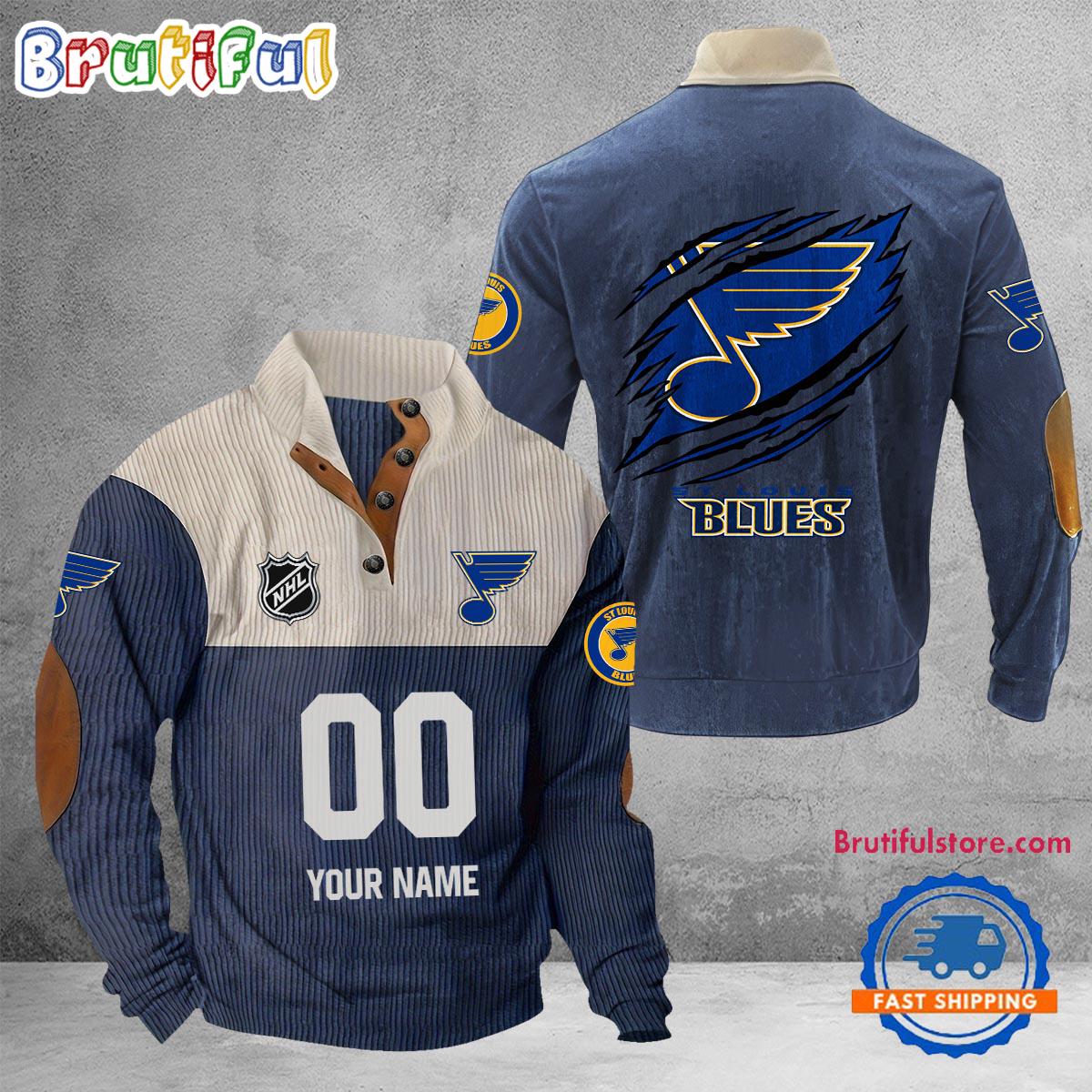 NHL St Louis Blues Hockey Team Custom Name And Number Buttoned Collar Sweatshirt