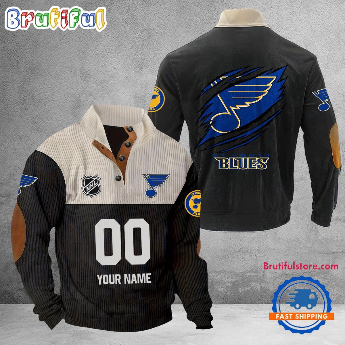 NHL St Louis Blues Hockey Team Custom Name And Number Buttoned Collar Sweatshirt