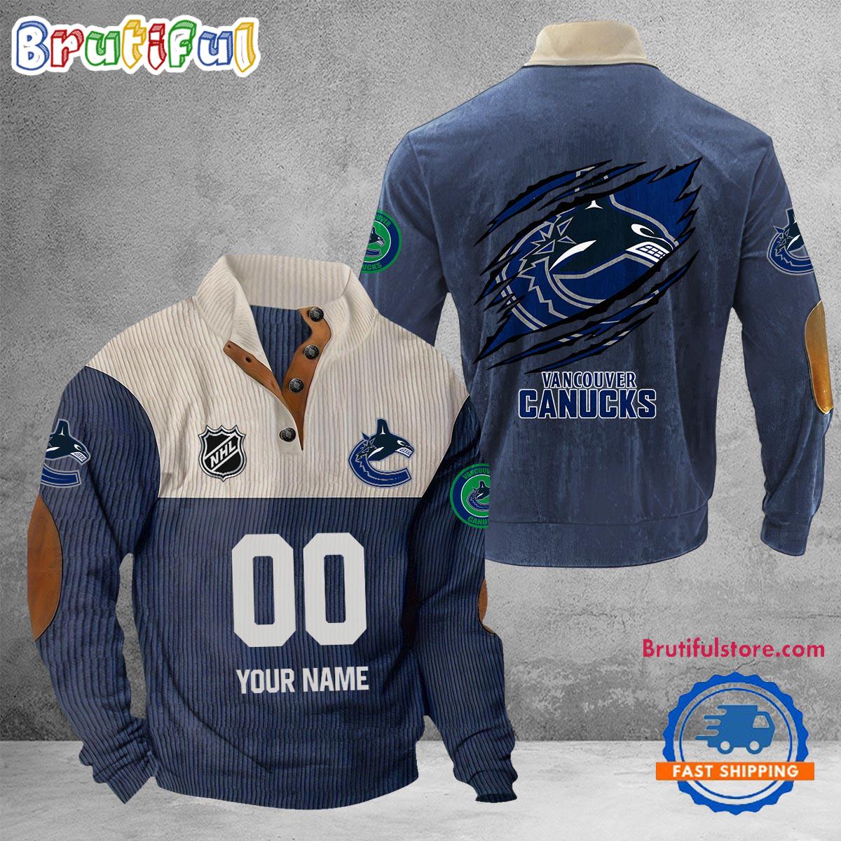 NHL Vancouver Canucks Hockey Team Custom Name And Number Buttoned Collar Sweatshirt