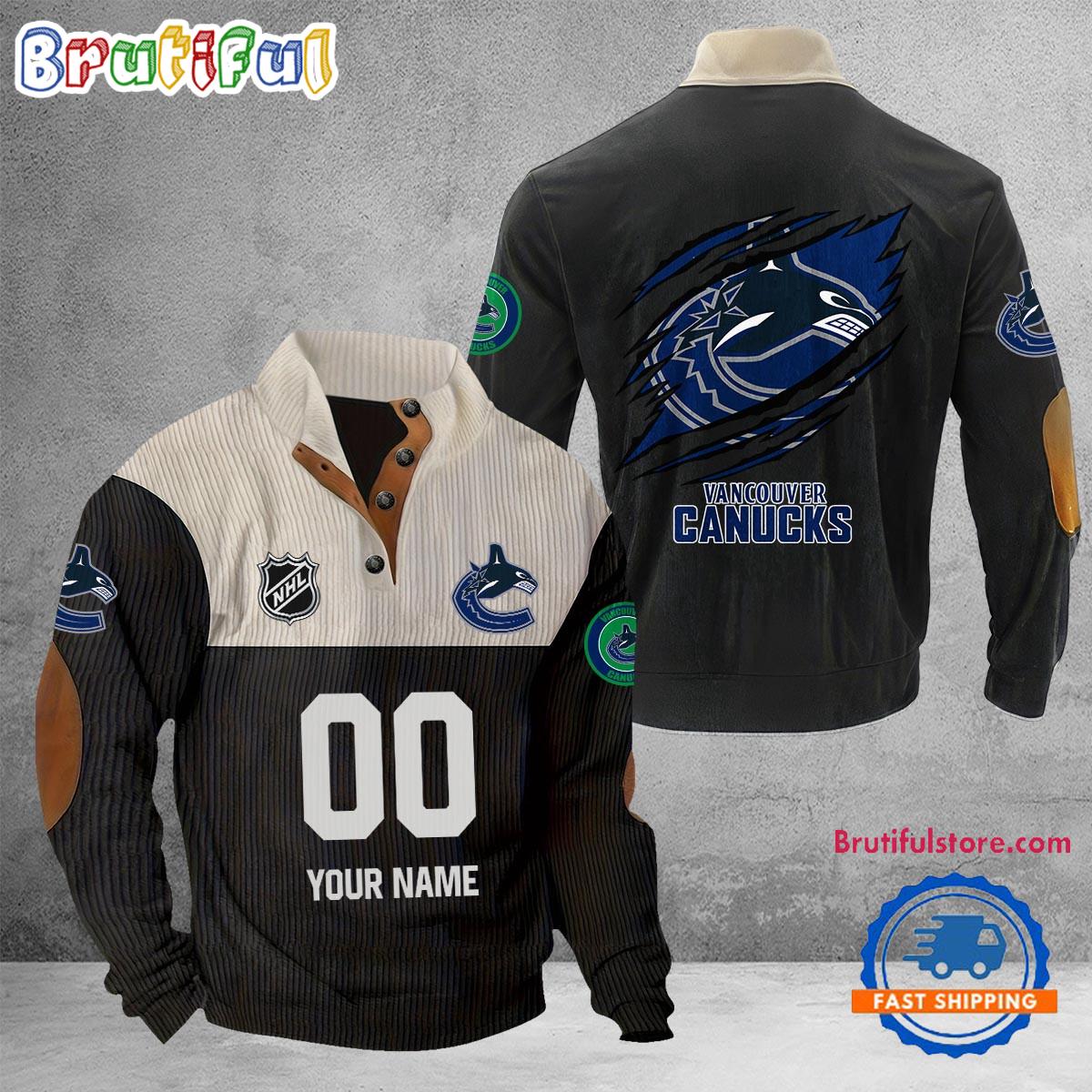 NHL Vancouver Canucks Hockey Team Custom Name And Number Buttoned Collar Sweatshirt