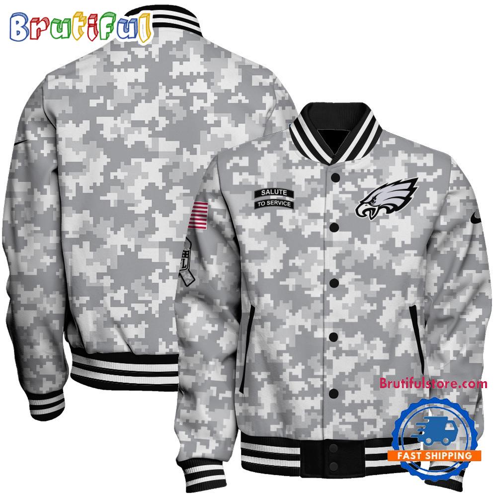 Philadelphia Eagles National Football League Arctic Camo Salute To Service Veterans Varsity Jacket