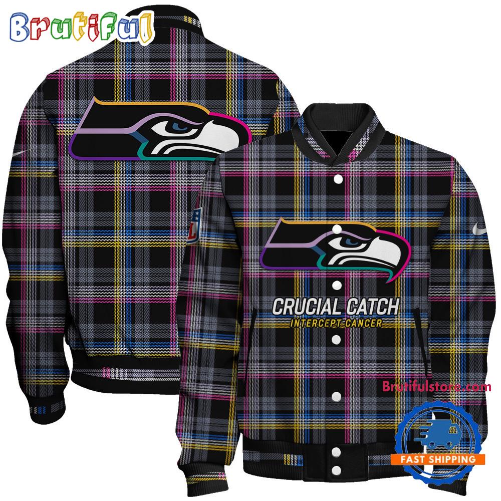 Seattle Seahawks National Football League Crucial Catch Intercept Cancer Unisex Varsity Jacket