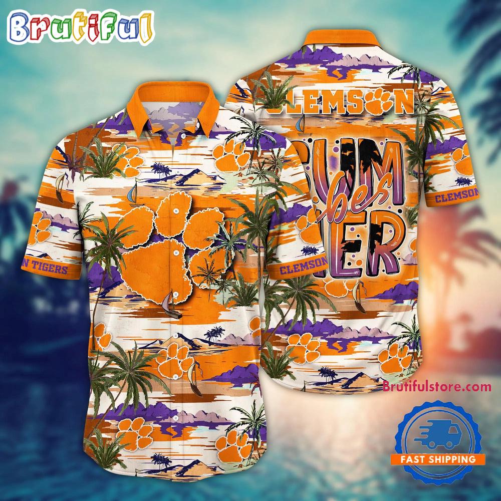 NCAA Clemson Tigers Flower Design Summer Beach Aloha Hawaiian Shirt