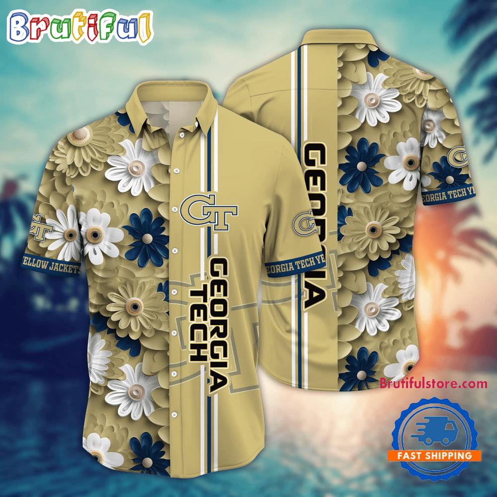 NCAA Georgia Tech Yellow Jackets Flower Summer Aloha Button Hawaiian Shirt