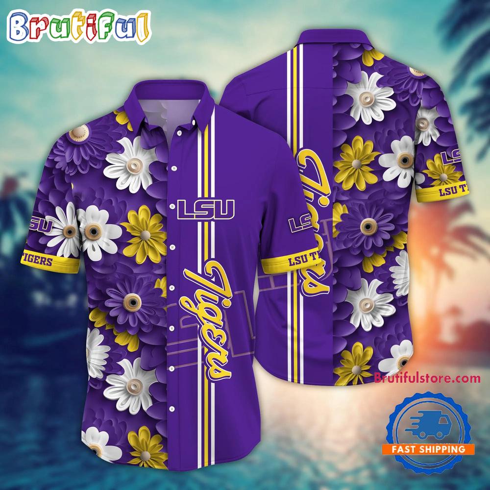 NCAA LSU TIGERS Flower Summer Aloha Button Hawaiian Shirt