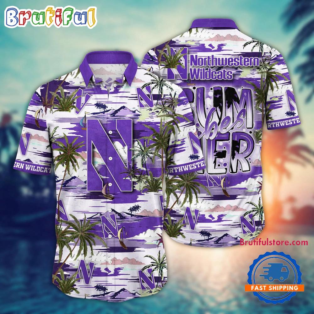 NCAA Northwestern Wildcats Flower Design Summer Beach Aloha Hawaiian Shirt