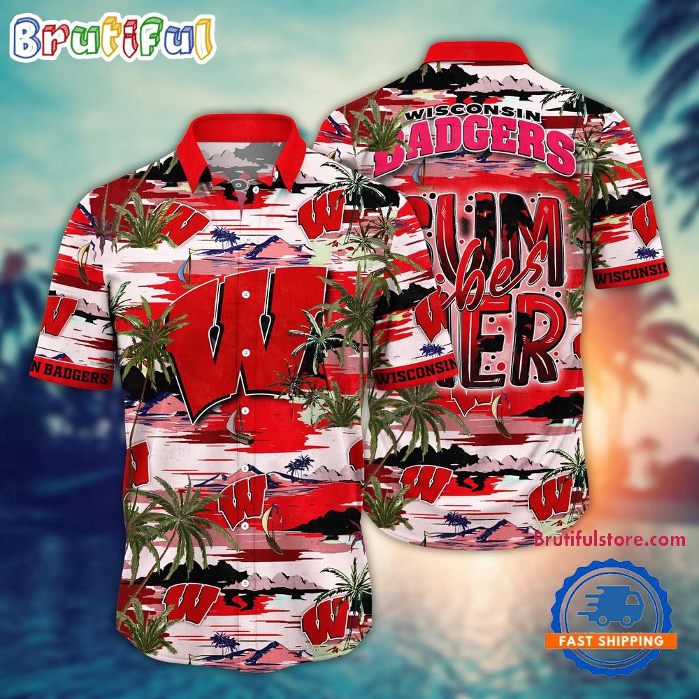 NCAA Wisconsin Badgers Flower Design Summer Beach Aloha Hawaiian Shirt
