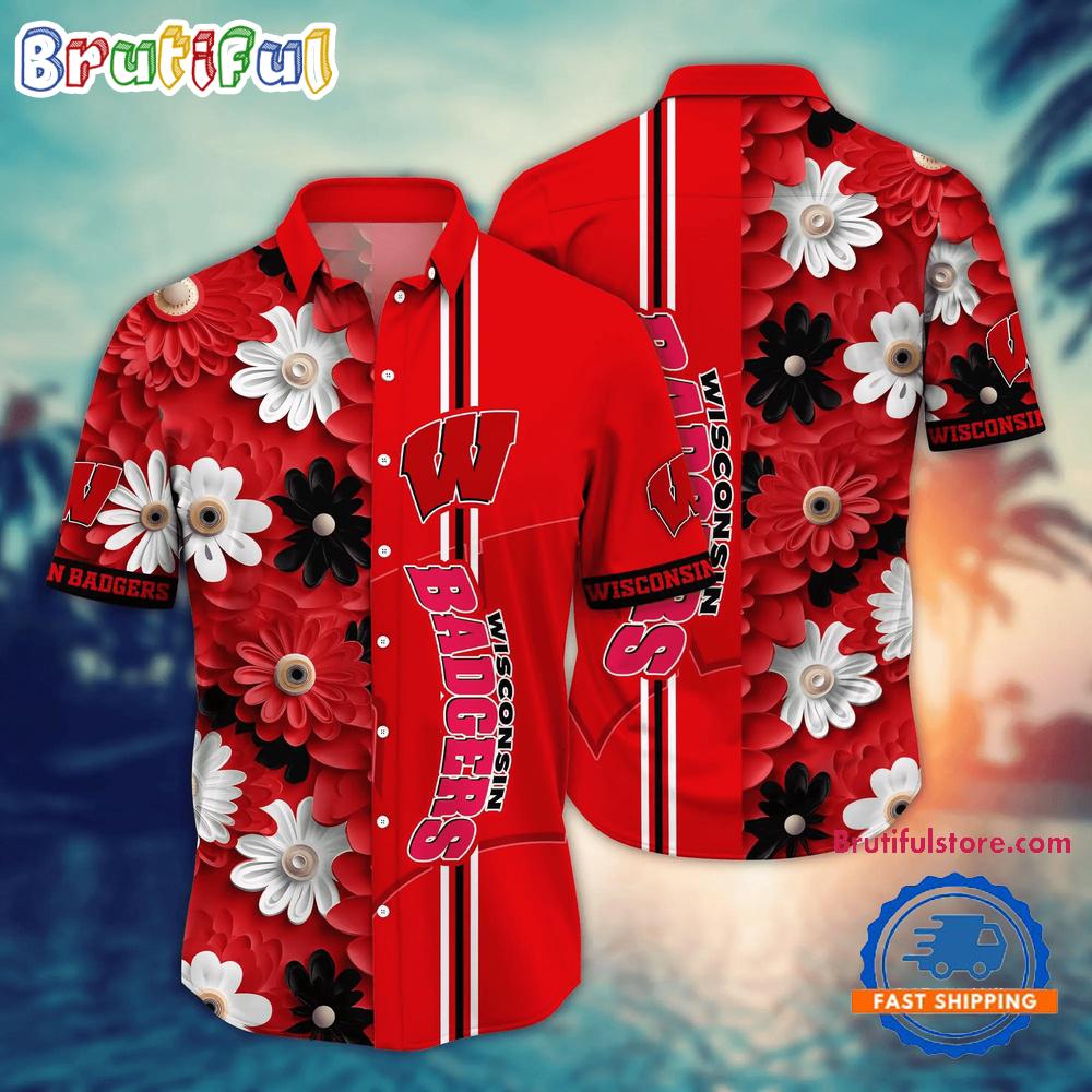 NCAA Wisconsin Badgers Flower Summer Aloha Button Hawaiian Shirt