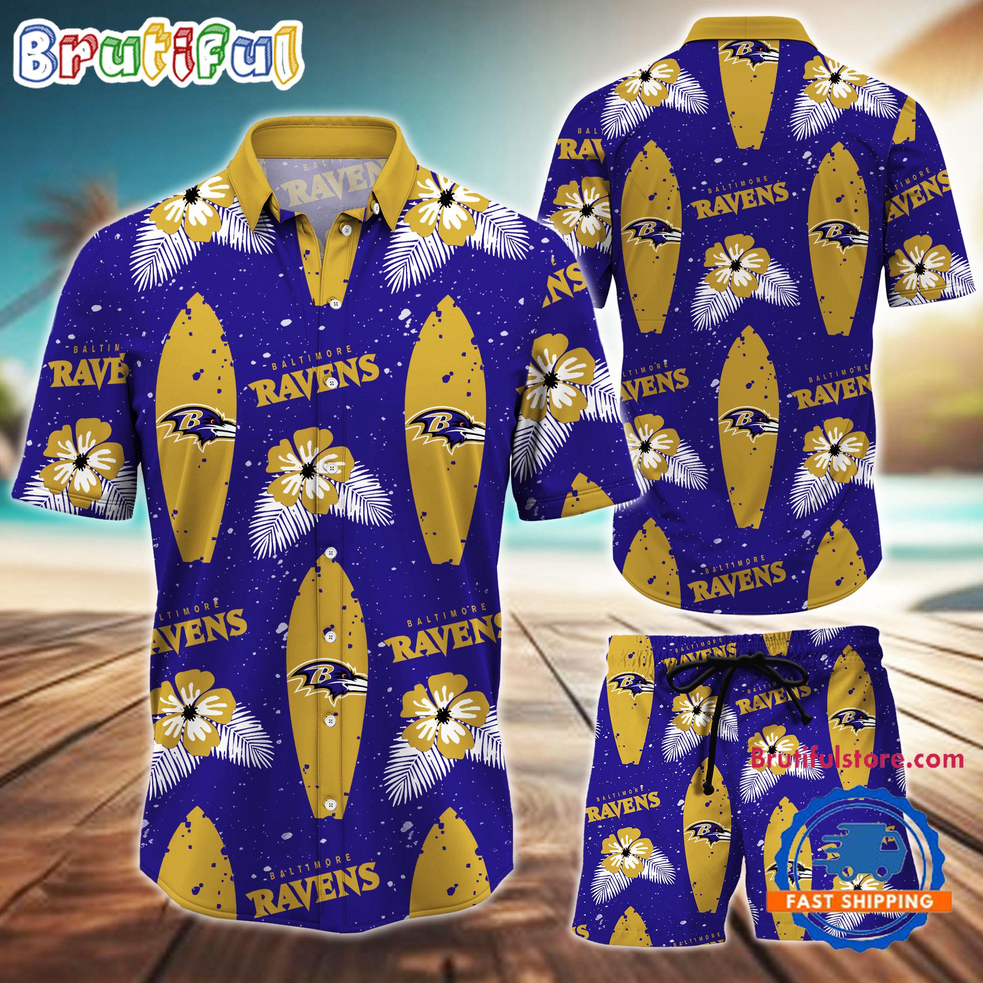 NFL Baltimore Ravens Flower Pattern Hawaiian Shirt And Shorts, Football Summer Hawaiian Set