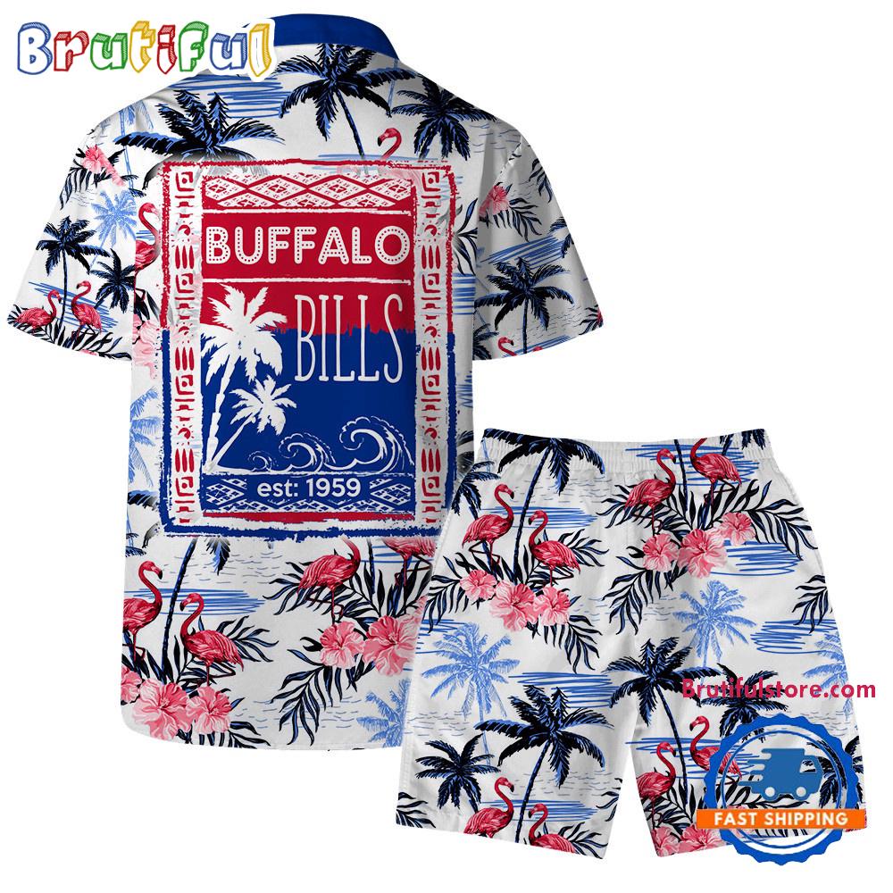 NFL Buffalo Bills Football Team Logo Pattern Flamingo Hibiscus Summer Hawaiian Shirt And Beach Short
