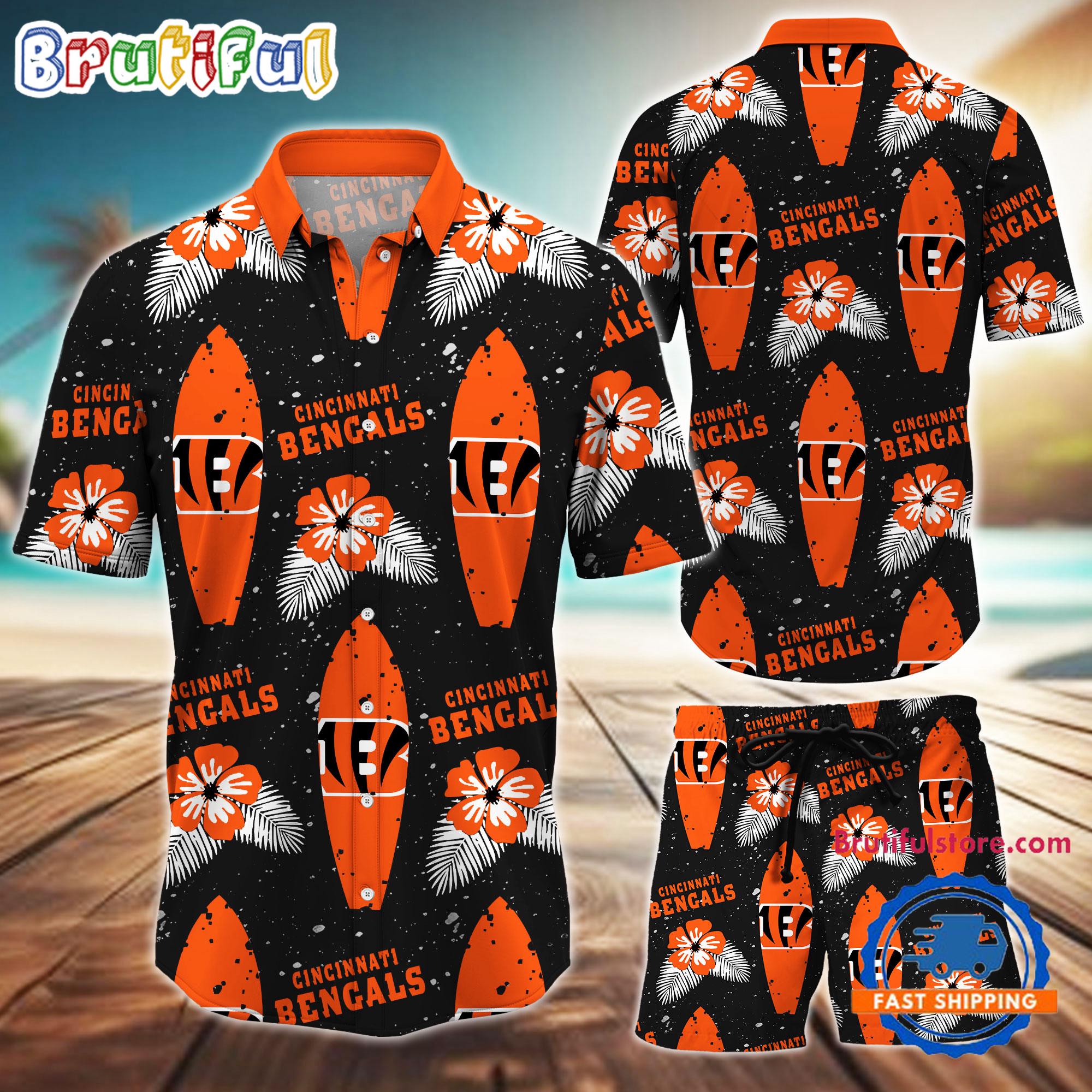 NFL Cincinnati Bengals Flower Pattern Hawaiian Shirt And Shorts, Football Summer Hawaiian Set