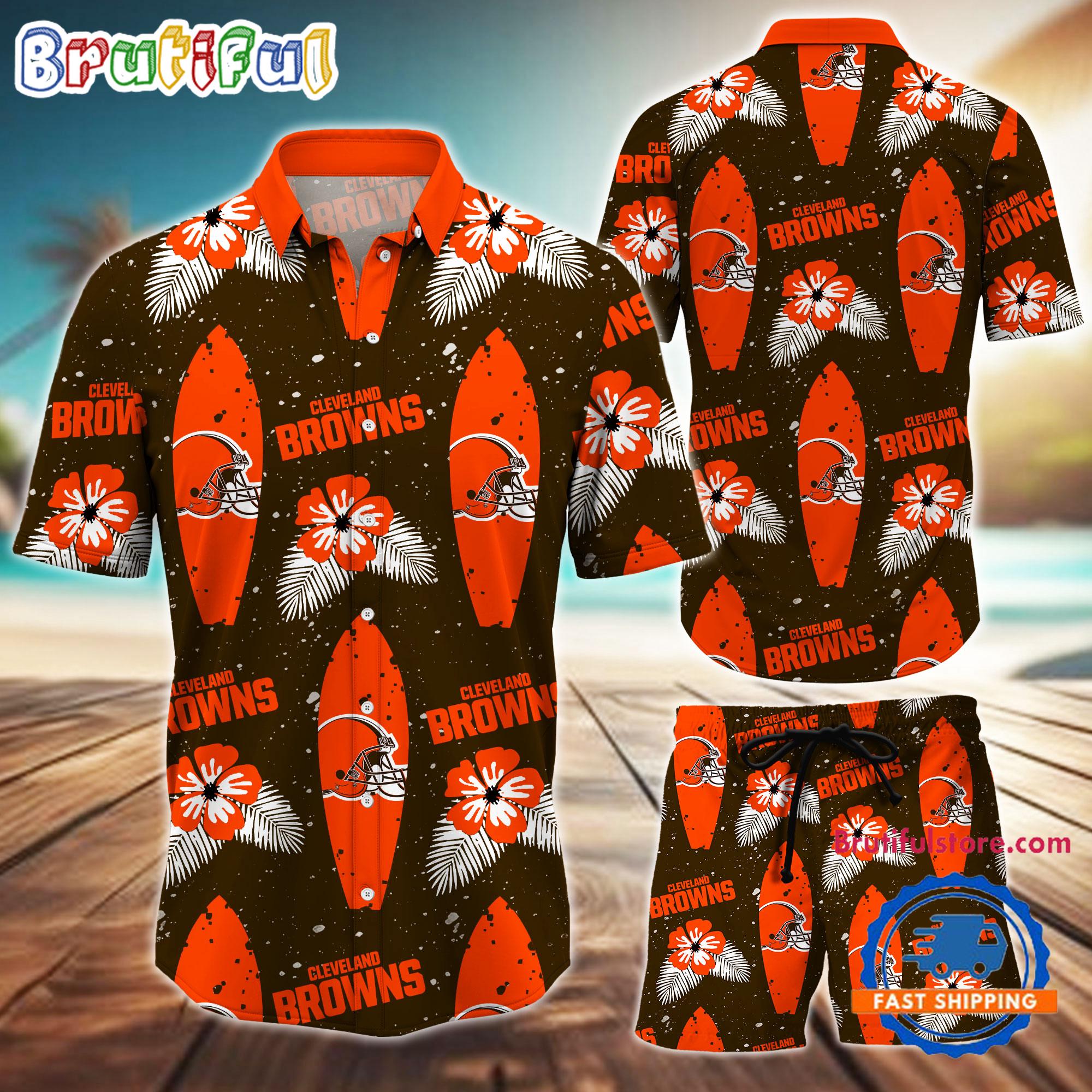 NFL Cleveland Browns Flower Pattern Hawaiian Shirt And Shorts, Football Summer Hawaiian Set