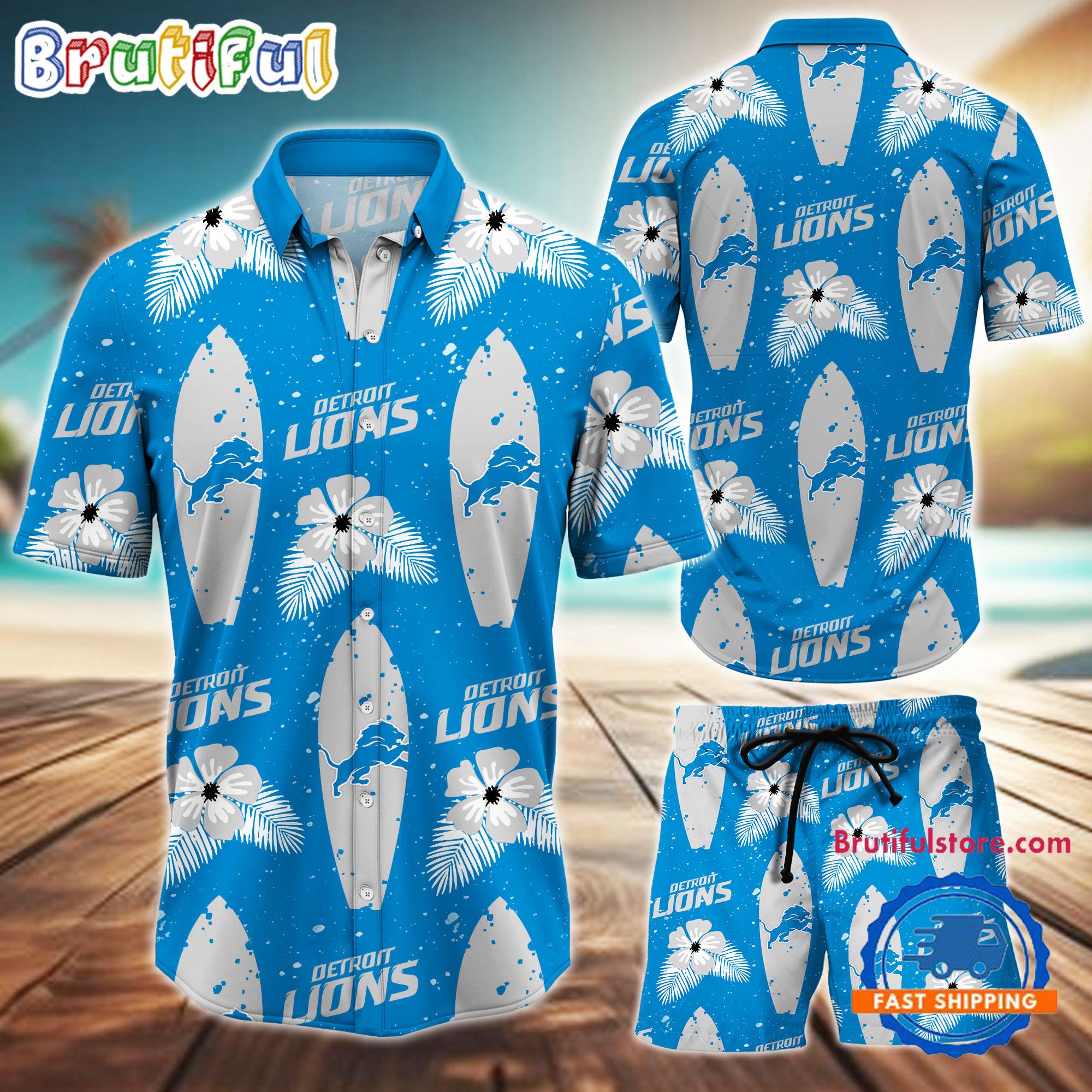 NFL Detroit Lions Flower Pattern Hawaiian Shirt And Shorts, Football Summer Hawaiian Set