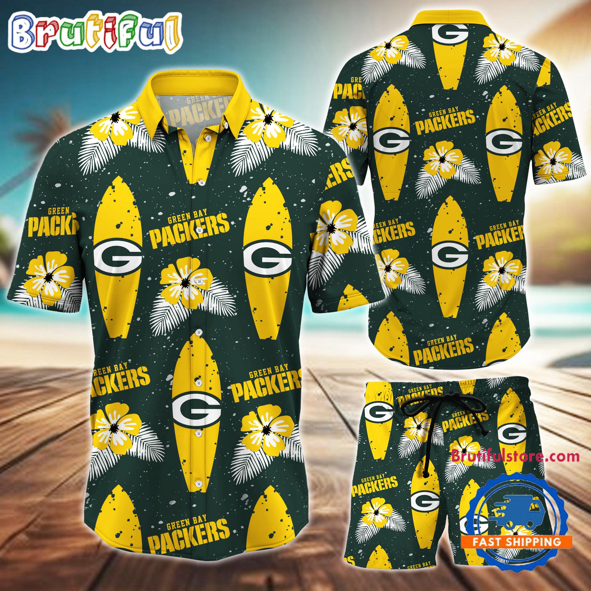 NFL Green Bay Packers Flower Pattern Hawaiian Shirt And Shorts, Football Summer Hawaiian Set