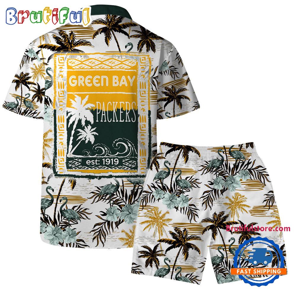 NFL Green Bay Packers Football Team Logo Pattern Flamingo Hibiscus Summer Hawaiian Shirt And Beach Short