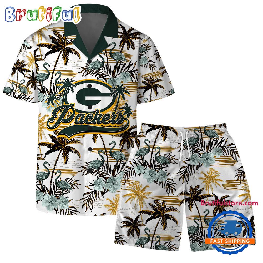 NFL Green Bay Packers Football Team Logo Pattern Flamingo Hibiscus Summer Hawaiian Shirt And Beach Short
