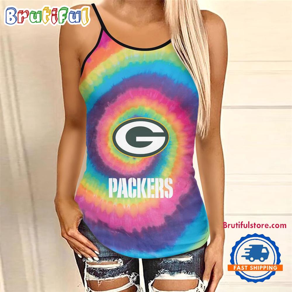NFL Green Bay Packers Rainbow Pattern Summer Women's Criss Cross Tank Top