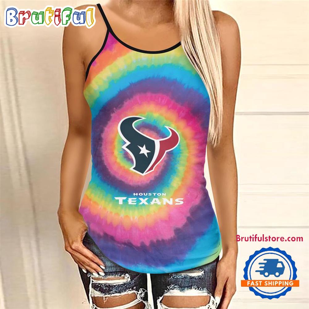 NFL Houston Texans Rainbow Pattern Summer Women's Criss Cross Tank Top