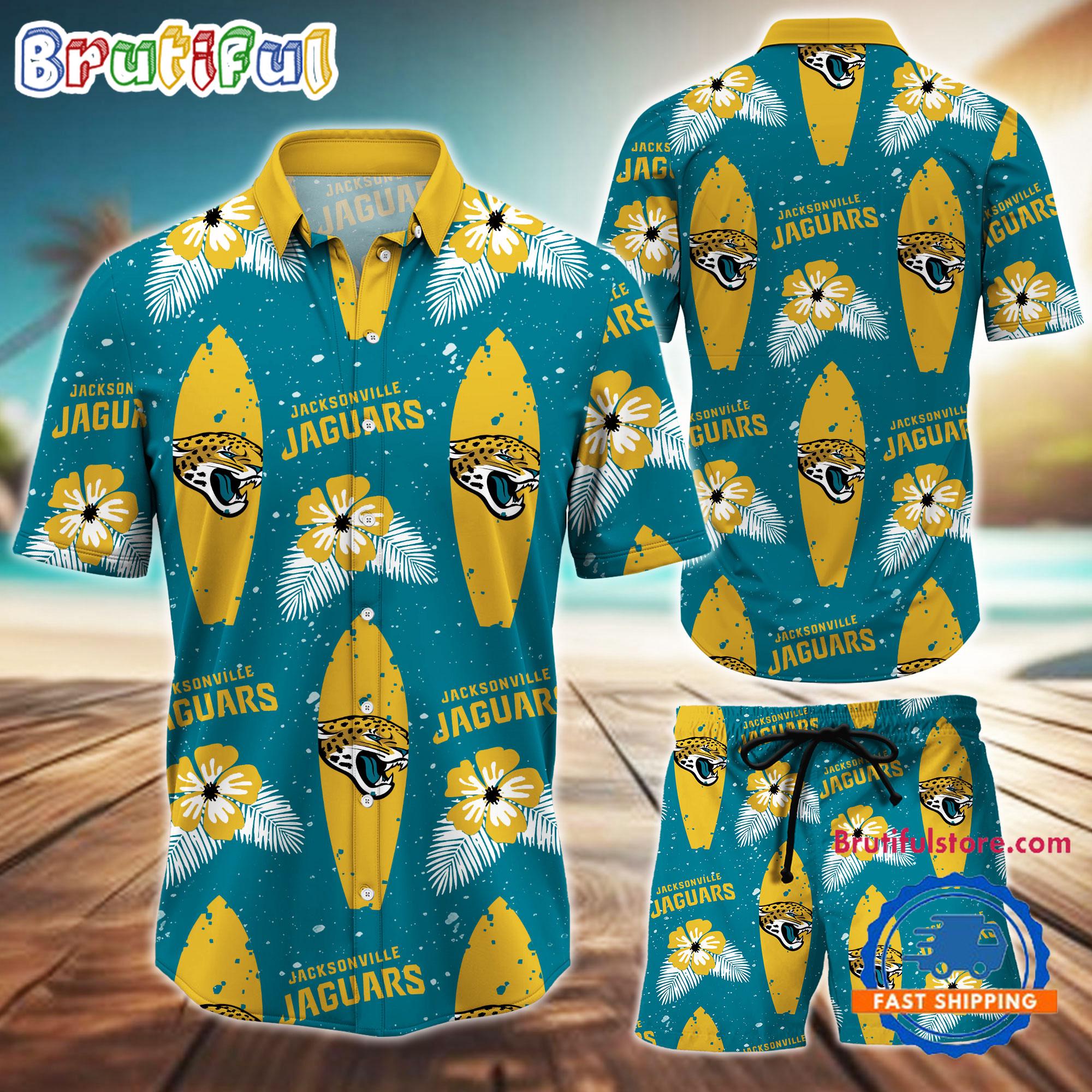 NFL Jacksonville Jaguars Flower Pattern Hawaiian Shirt And Shorts, Football Summer Hawaiian Set