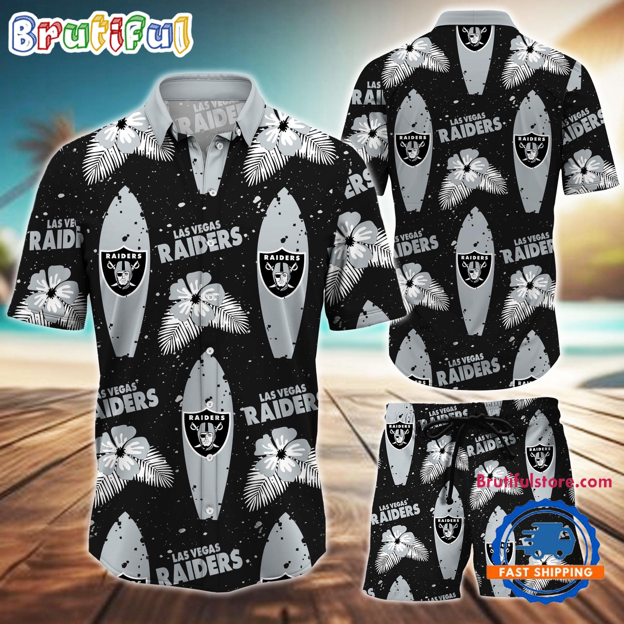 NFL Las Vegas Raiders Flower Pattern Hawaiian Shirt And Shorts, Football Summer Hawaiian Set