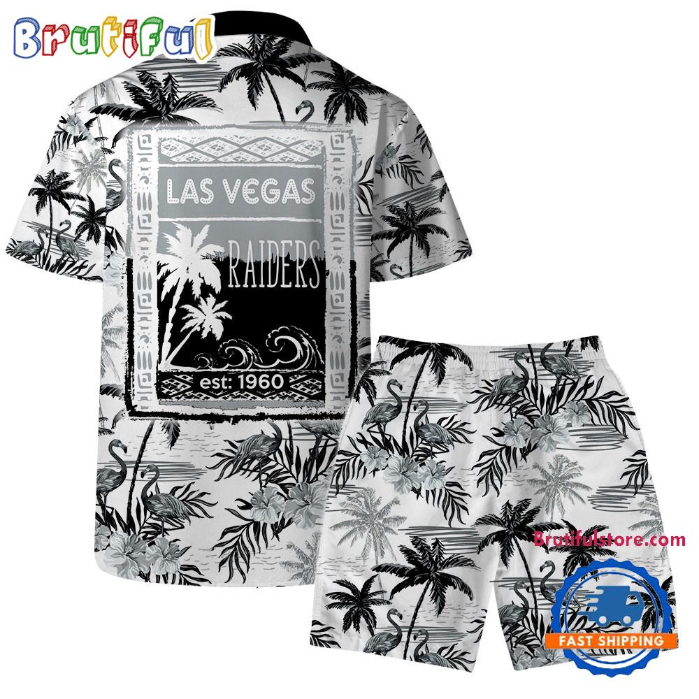 NFL Las Vegas Raiders Football Team Logo Pattern Flamingo Hibiscus Summer Hawaiian Shirt And Beach Short