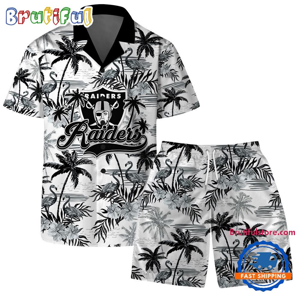 NFL Las Vegas Raiders Football Team Logo Pattern Flamingo Hibiscus Summer Hawaiian Shirt And Beach Short