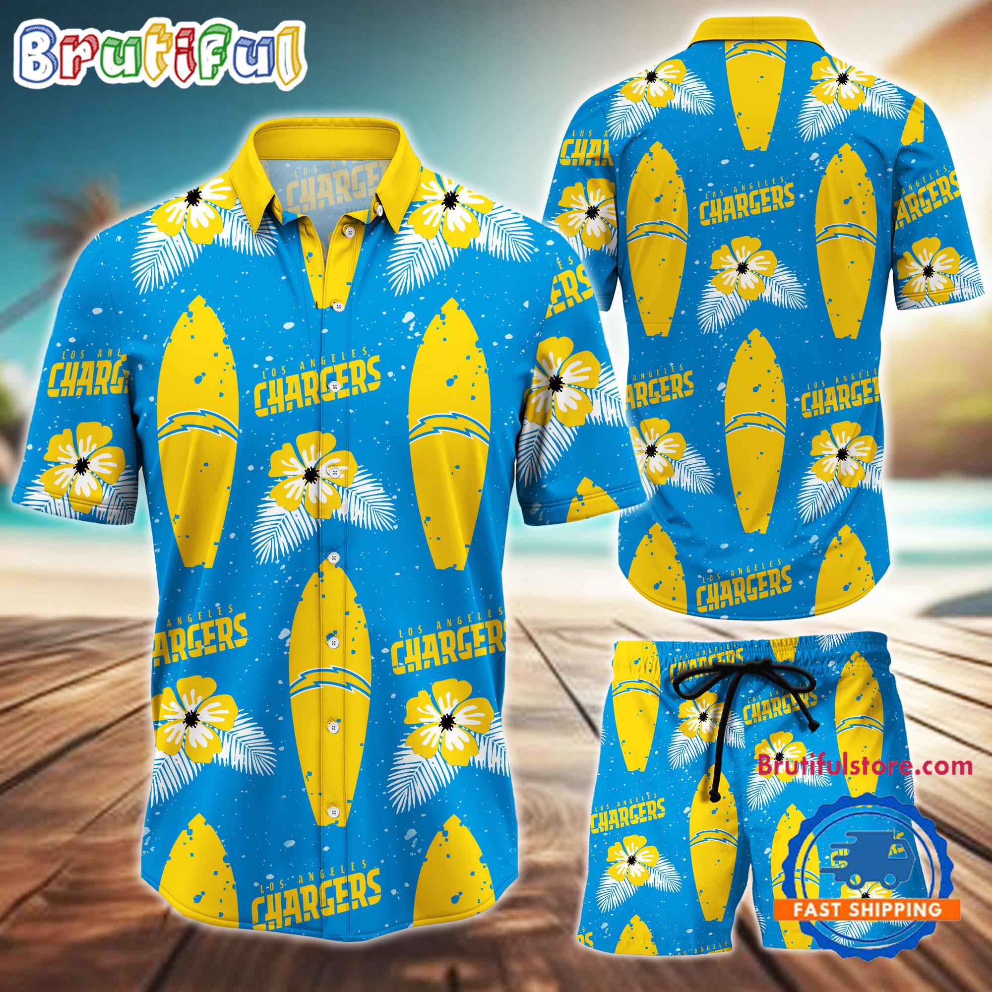 NFL Los Angeles Chargers Flower Pattern Hawaiian Shirt And Shorts, Football Summer Hawaiian Set