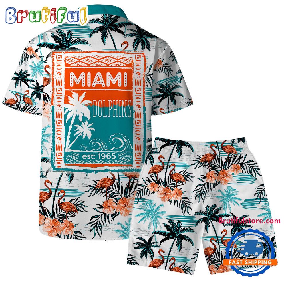 NFL Miami Dolphins Football Team Logo Pattern Flamingo Hibiscus Summer Hawaiian Shirt And Beach Short