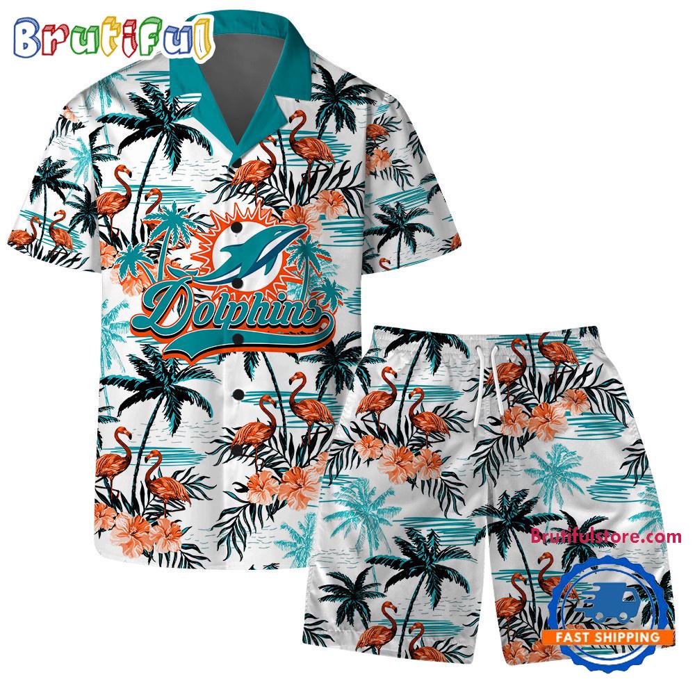 NFL Miami Dolphins Football Team Logo Pattern Flamingo Hibiscus Summer Hawaiian Shirt And Beach Short