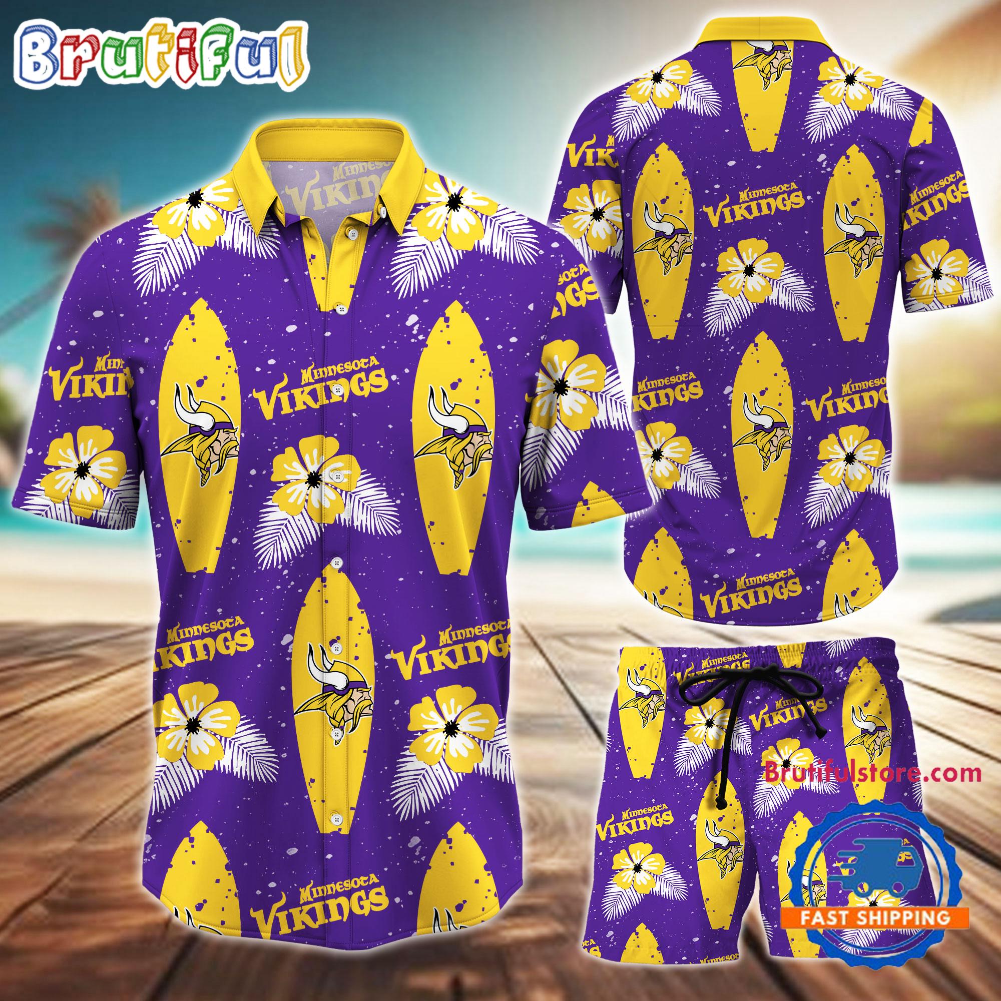 NFL Minnesota Vikings Flower Pattern Hawaiian Shirt And Shorts, Football Summer Hawaiian Set