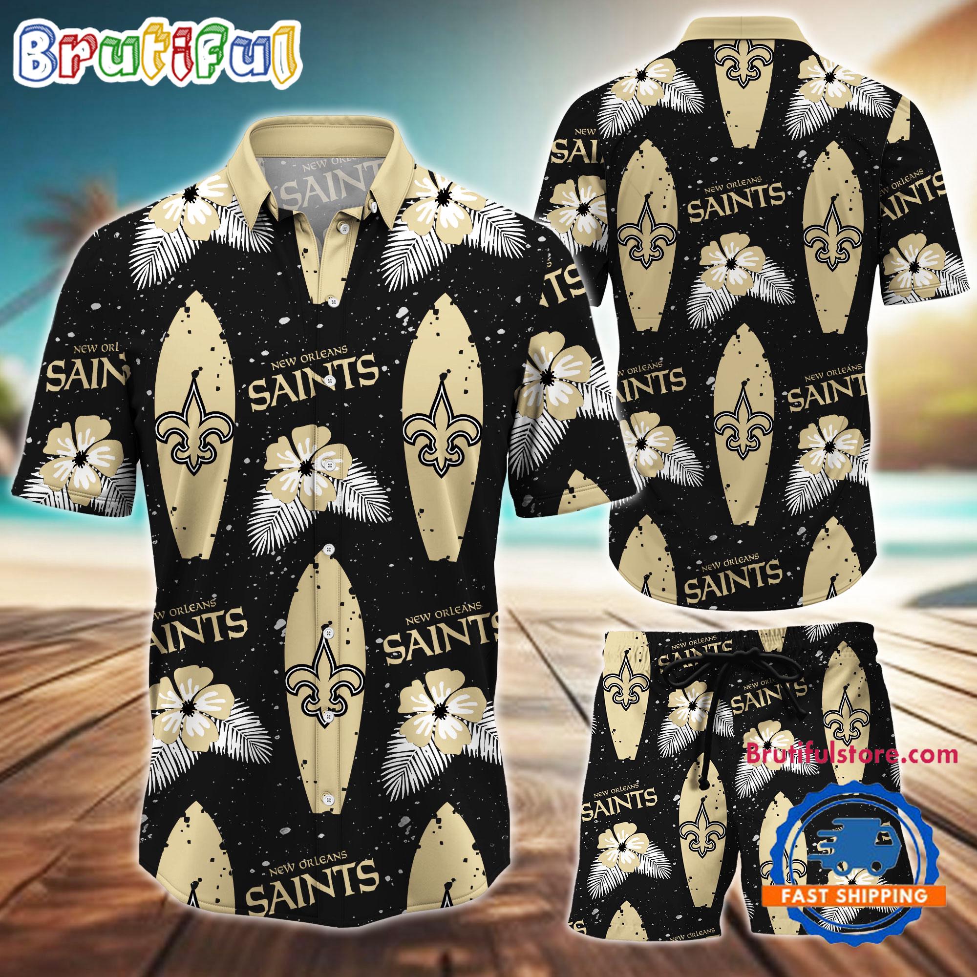 NFL New Orleans Saints Flower Pattern Hawaiian Shirt And Shorts, Football Summer Hawaiian Set