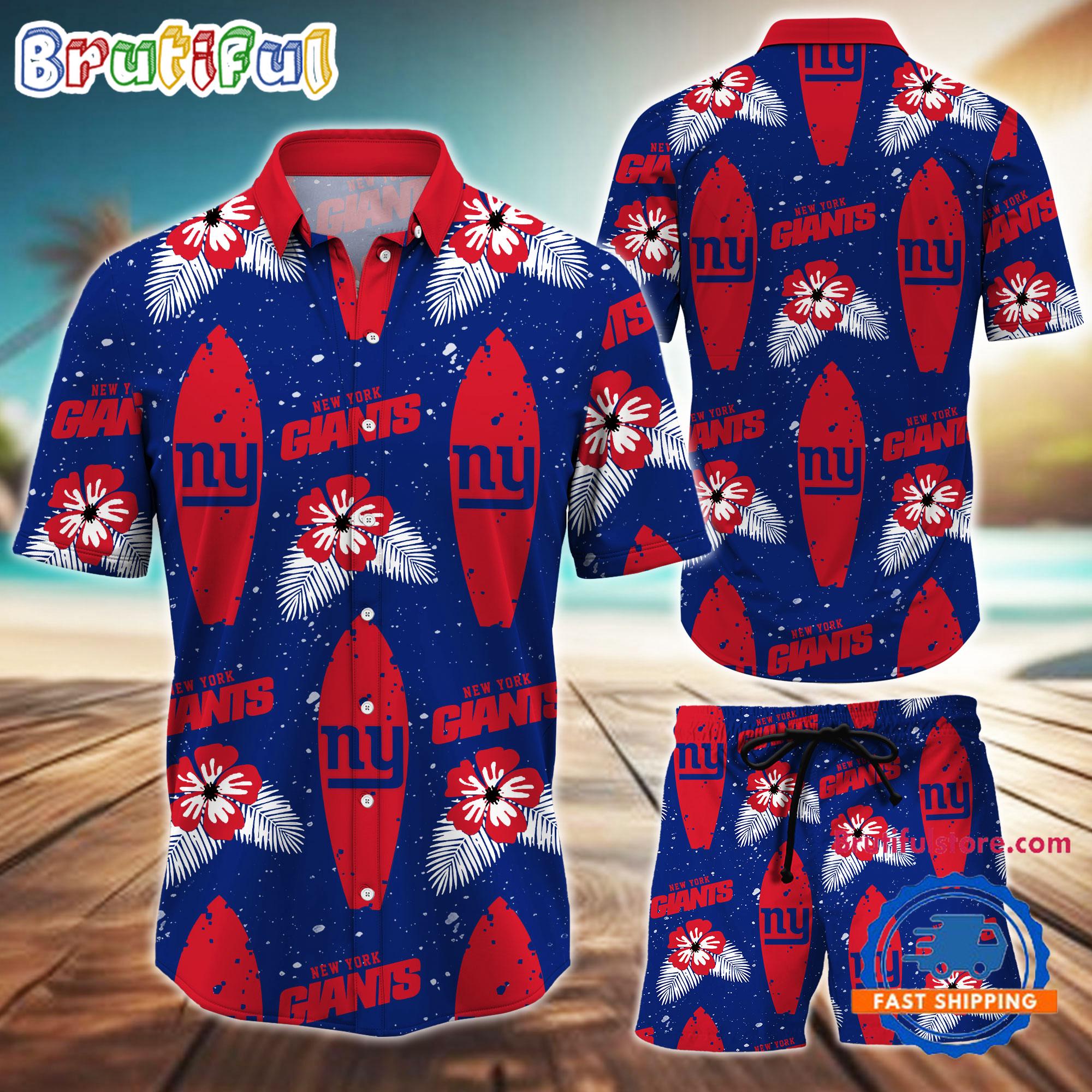 NFL New York Giants Flower Pattern Hawaiian Shirt And Shorts, Football Summer Hawaiian Set