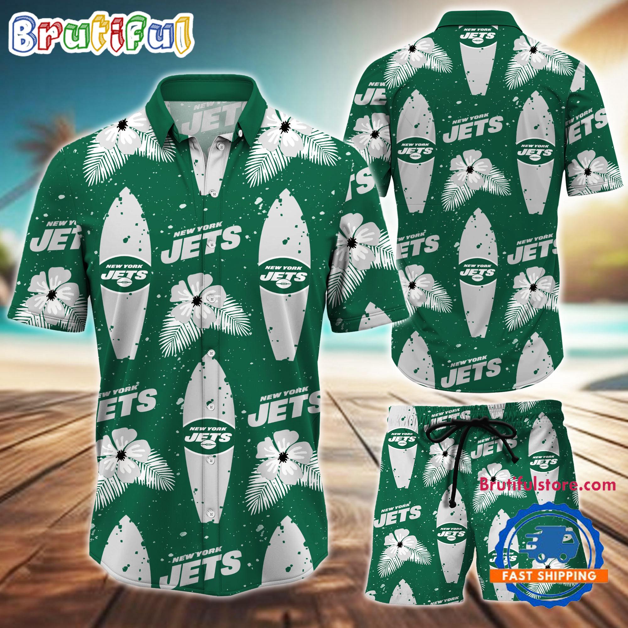 NFL New York Jets Flower Pattern Hawaiian Shirt And Shorts, Football Summer Hawaiian Set