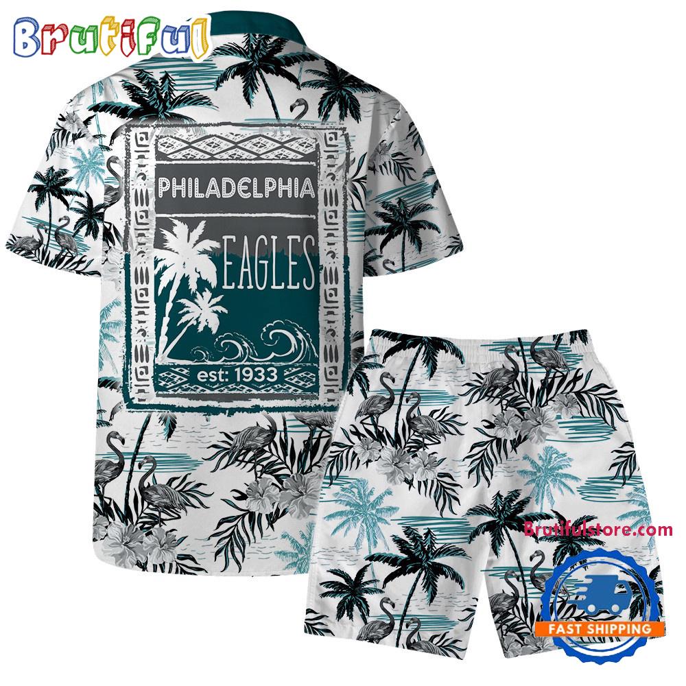 NFL Philadelphia Eagles Football Team Logo Pattern Flamingo Hibiscus Summer Hawaiian Shirt And Beach Short