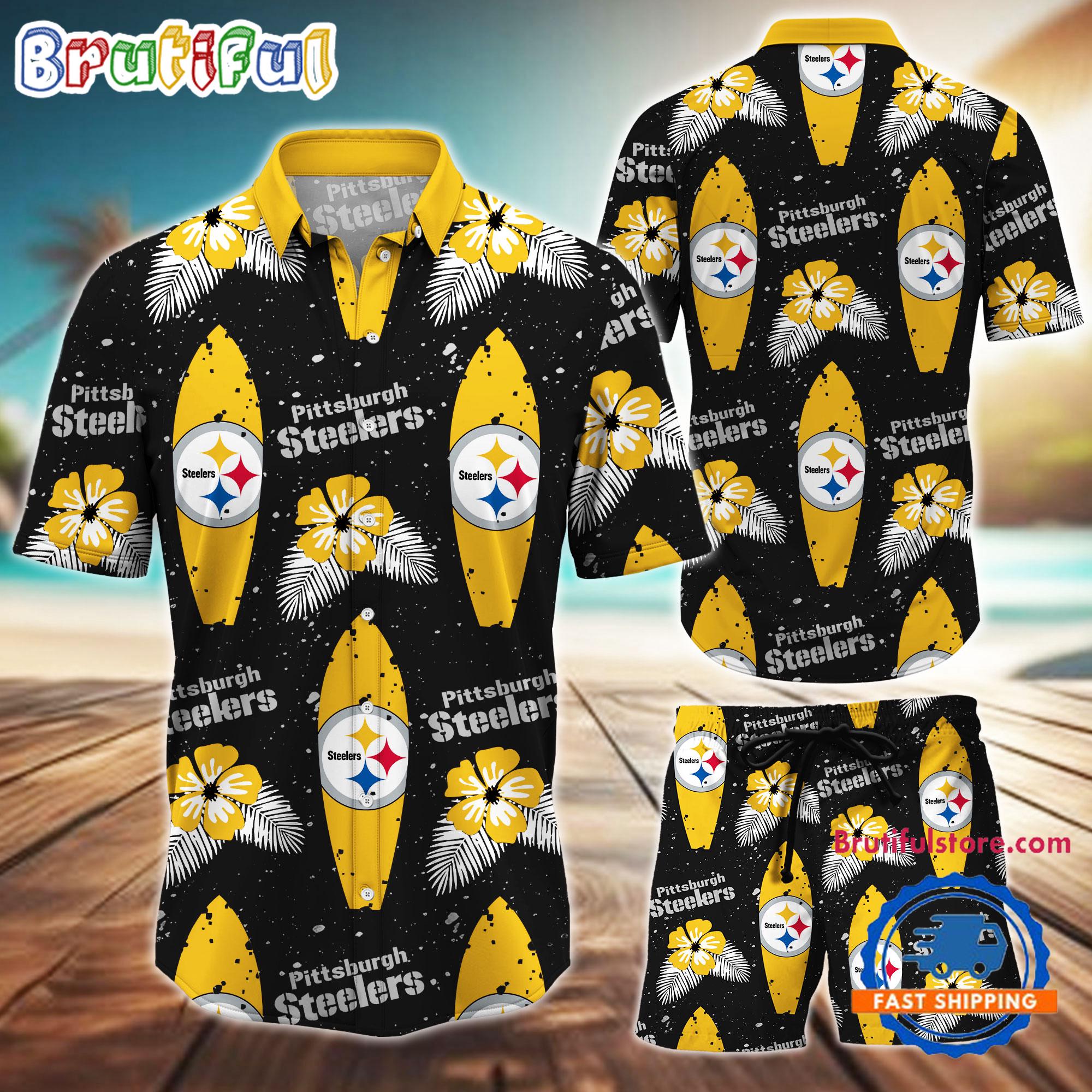 NFL Pittsburgh Steelers Flower Pattern Hawaiian Shirt And Shorts, Football Summer Hawaiian Set