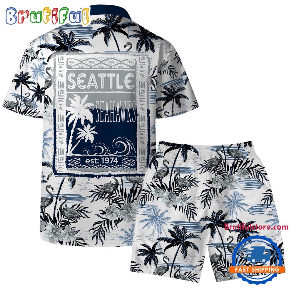 NFL Seattle Seahawks Football Team Logo Pattern Flamingo Hibiscus Summer Hawaiian Shirt And Beach Short