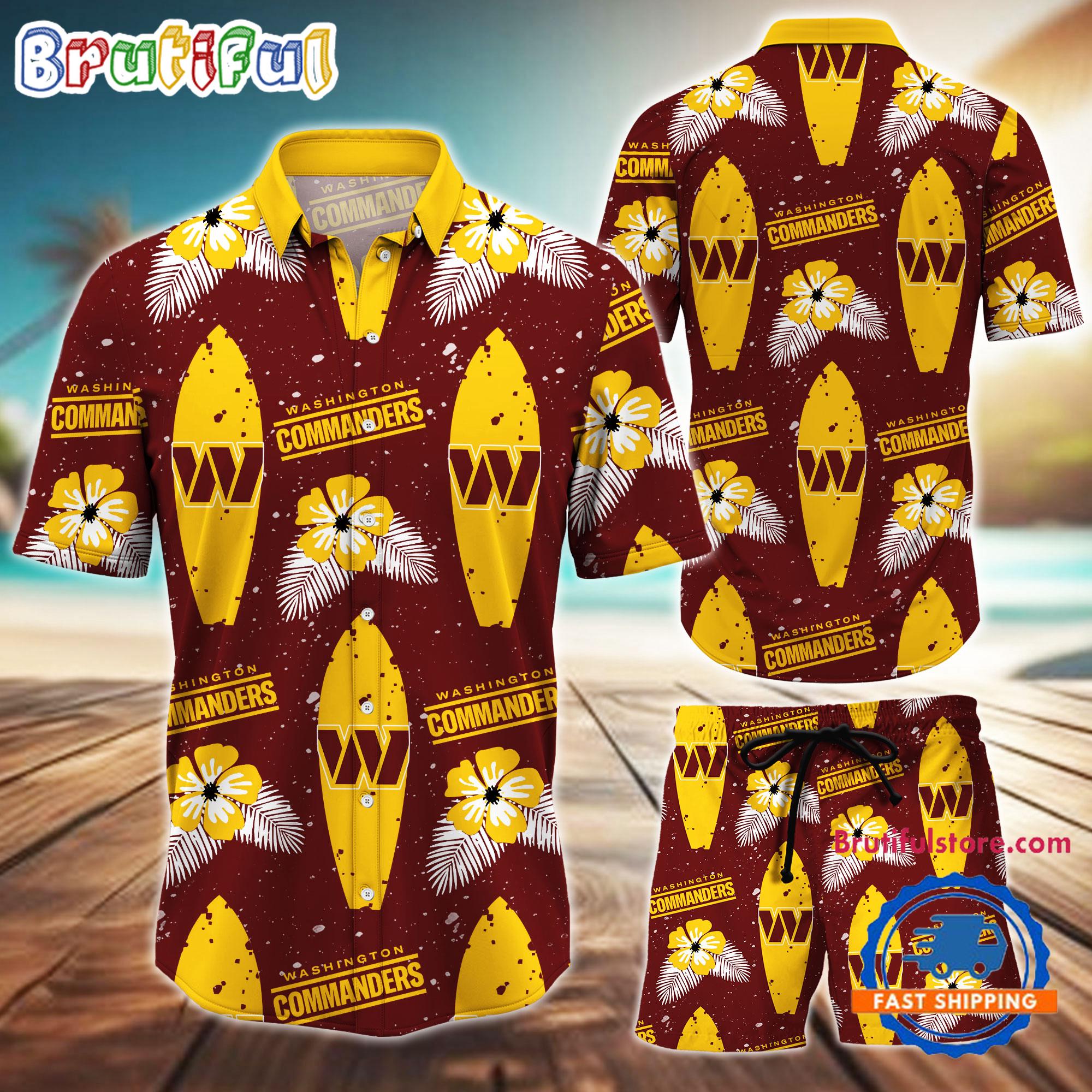NFL Washington Commanders Flower Pattern Hawaiian Shirt And Shorts, Football Summer Hawaiian Set