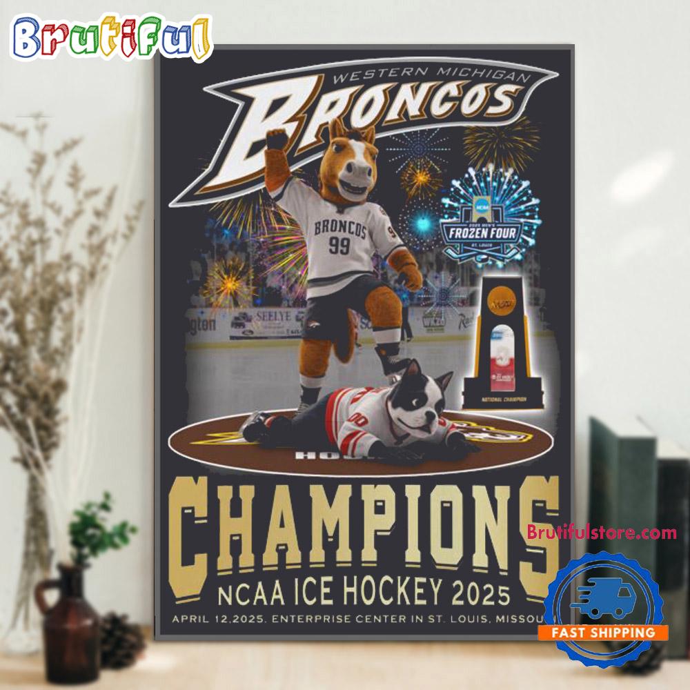 Western Michigan 2025 NCAA Division I Men's ICE Hockey Frozen Four Champions Mascot Poster Canvas Art