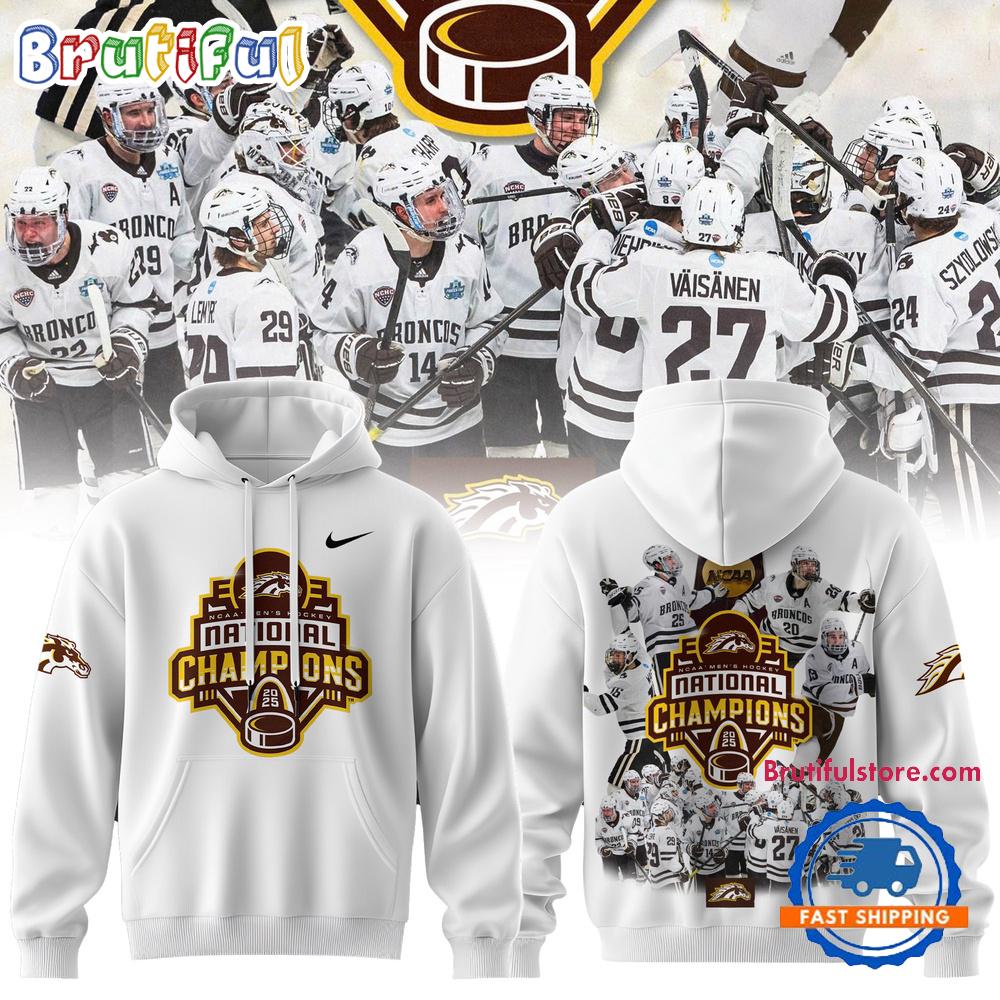 Western Michigan Broncos Men’s Ice Hockey National Champions 2025 Team Graphics White Hoodie
